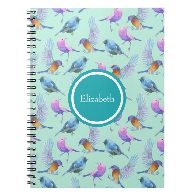 Caderno Espiral Padrão Personalizado de Aves Exóticas Selvagens (Frente)
