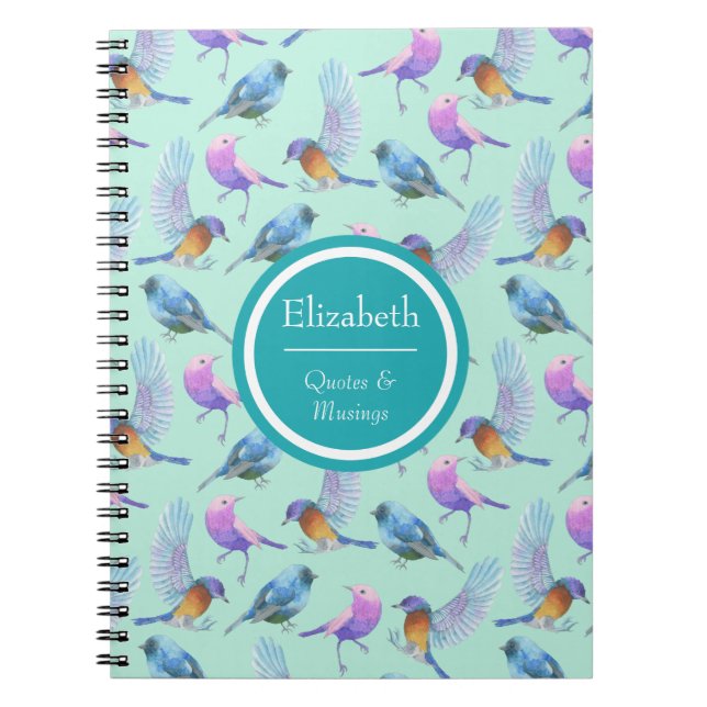 Caderno Espiral Padrão Personalizado de Aves Exóticas Selvagens (Frente)
