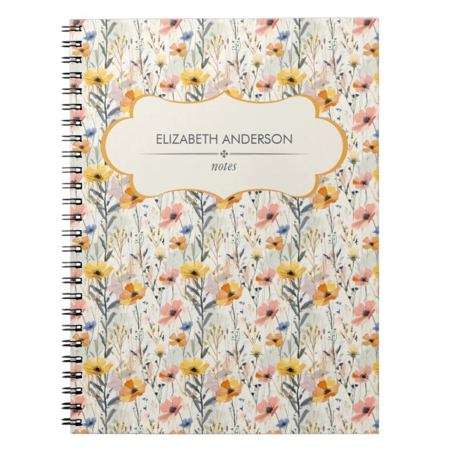 Caderno Espiral Padrão Personalizado de Flores de Prados de Gouach (Frente)