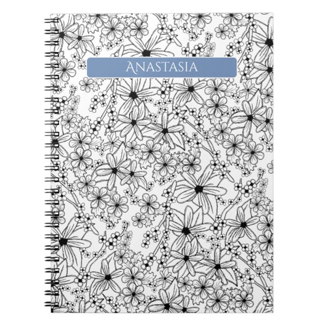 Caderno Espiral Padrão Preto Branco Floral Desenhado à Mão e Nome  (Frente)
