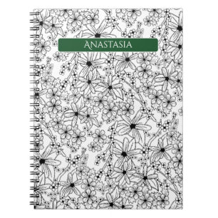 Caderno Espiral Padrão Preto Branco Floral Desenhado à Mão e Nome