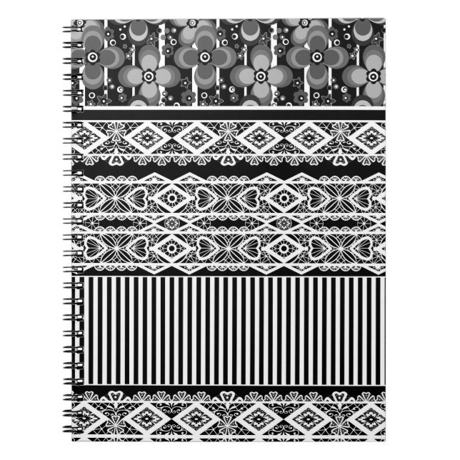 Caderno Espiral Padrão preto e branco com rendas e retalhos (Frente)