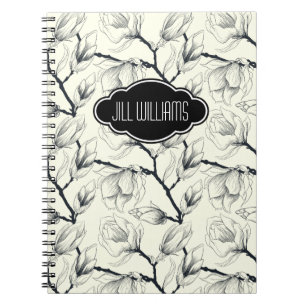 Caderno Espiral Padrão Preto e Branco Floral Personalizado