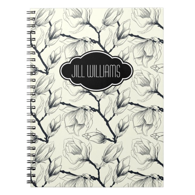 Caderno Espiral Padrão Preto e Branco Floral Personalizado (Frente)