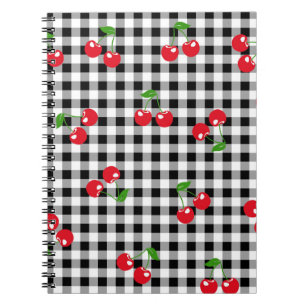 Caderno Espiral Padrão Preto e Vermelho Branco de Cereja Gingham