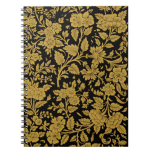 Caderno Espiral Padrão Preto Floral Ouro Antigo Trabalho a Lacagem