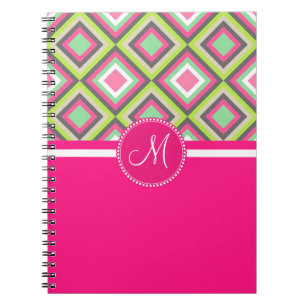 Caderno Espiral Padrão Quadrado de Ouros de Cinzas Verdes Rosa Mo