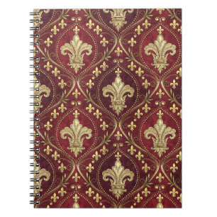 Caderno Espiral Padrão Real de Veludo Vermelho com Fleur-de-lis Do