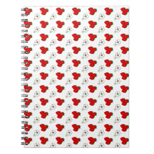 Caderno Espiral Padrão Retro de Morango Vermelho e Flor