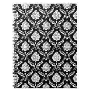 Caderno Espiral Padrão Rococó Damask Branco no Preto