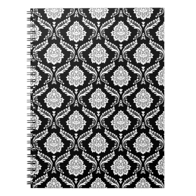 Caderno Espiral Padrão Rococó Damask Branco no Preto (Frente)