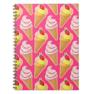 Caderno Espiral Padrão rosa Kawaii com sorvete de morango
