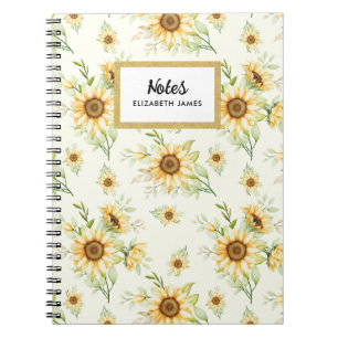 Caderno Espiral Padrão Rustic Watercolor Girassol Personalizado