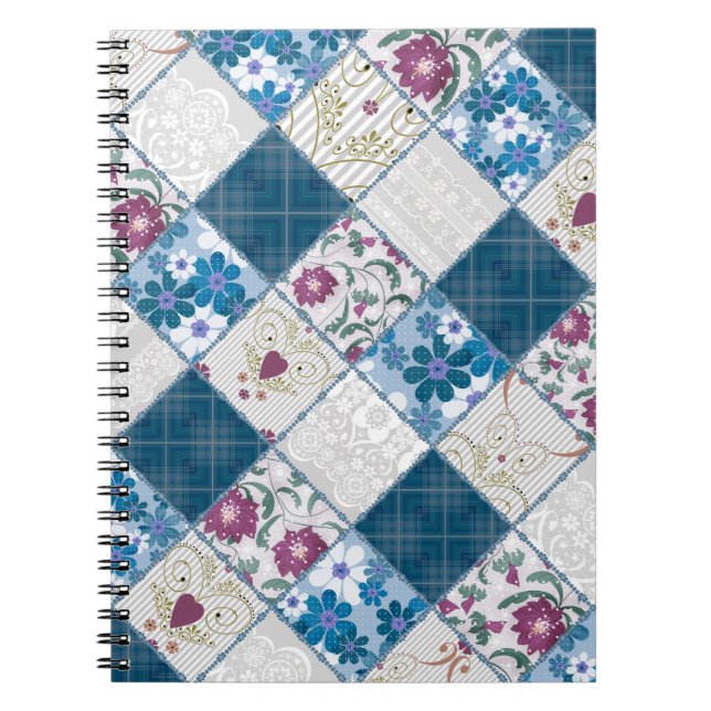 Caderno Espiral Padrão rústico de retalhos de tecido azul fashion (Frente)