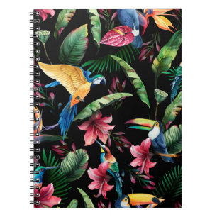 Caderno Espiral Padrão sem costura aquarelas, aves tropicais, touc