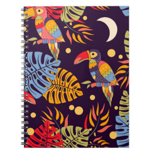 Caderno Espiral Padrão sem costura colorida, aves exóticas e pla