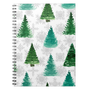 Caderno Espiral Padrão sem costura com abetos e flocos de neve. Wa