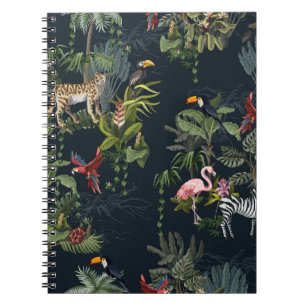 Caderno Espiral Padrão sem costura com animais da selva, flores e