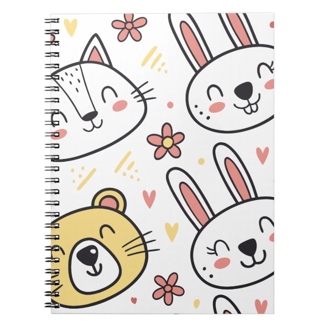 Caderno Espiral Padrão sem costura com animais de desenho animado  (Frente)