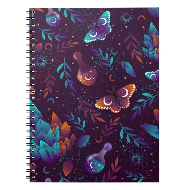 Caderno Espiral Padrão sem costura com borboleta espacial, cristai (Frente)