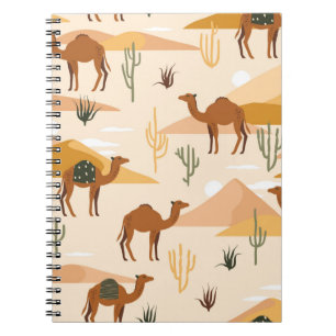 Caderno Espiral Padrão sem costura com camelos, dunas e cactos. C