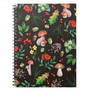 Caderno Espiral Padrão sem costura com cogumelos,loucos,folhas,bol