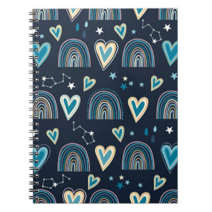 Caderno Espiral Padrão sem costura com coração, arco-íris e celest