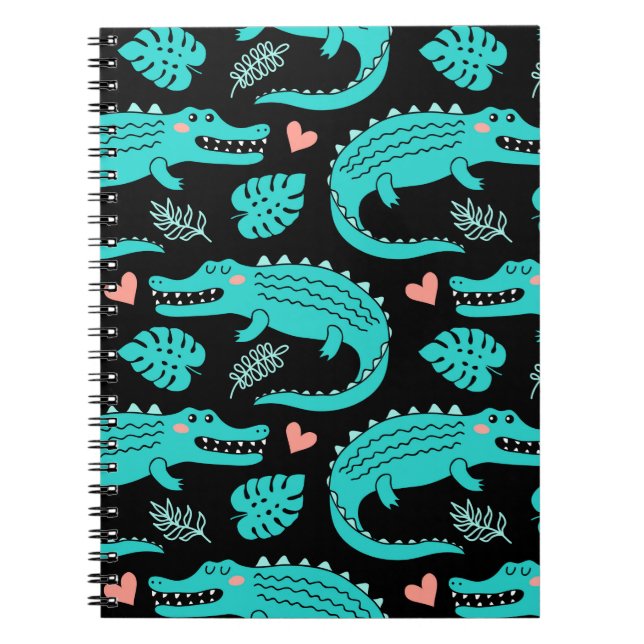 Caderno Espiral Padrão sem costura com crocodilos de desenho anima (Frente)