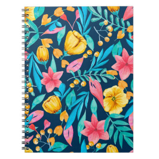 Caderno Espiral Padrão sem costura com elementos botânicos. Waterc