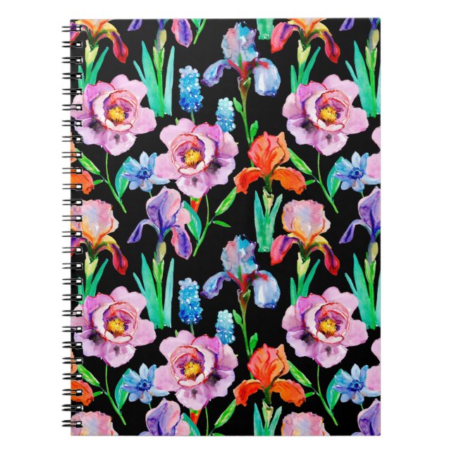 Caderno Espiral Padrão sem costura com flores de Iris e Peony, Wat (Frente)