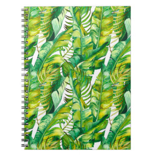 Caderno Espiral Padrão sem costura com folhas tropicais de banana