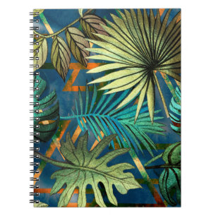 Caderno Espiral Padrão sem costura com folhas tropicais e geometr