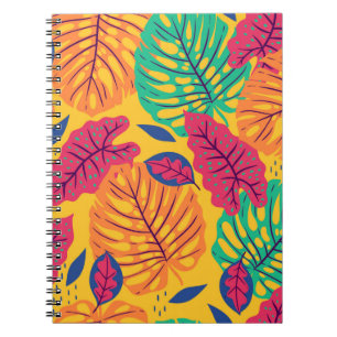 Caderno Espiral Padrão sem costura com folhas tropicais em amarel