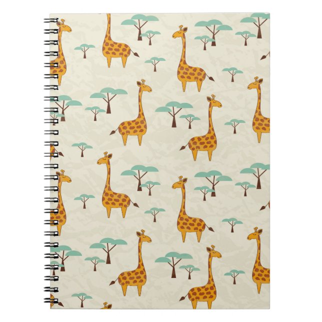 Caderno Espiral Padrão sem costura com girafas e árvores fofinhas, (Frente)