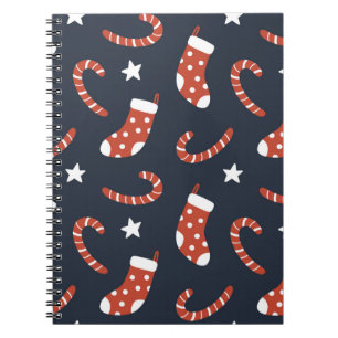 Caderno Espiral Padrão sem costura com meias de natal, canas doce