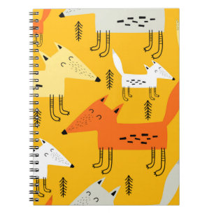 Caderno Espiral Padrão sem costura com raposas de cartoon, elemen