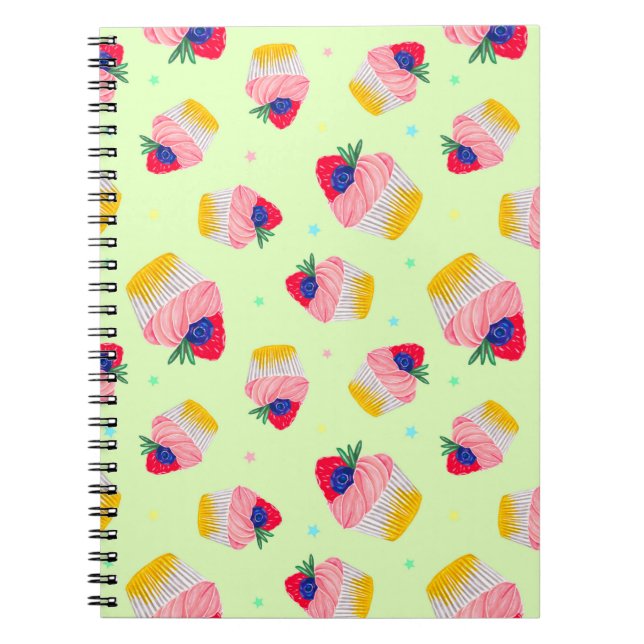 Caderno Espiral Padrão sem costura com um cupcake com morangos (Frente)