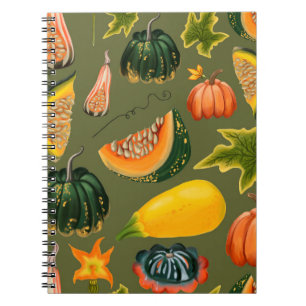 Caderno Espiral Padrão sem costura de abóboras e folhas em verde