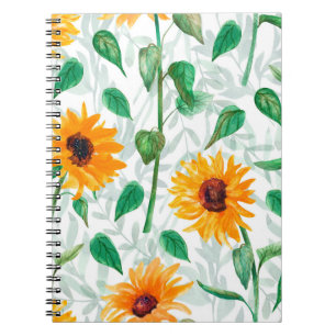 Caderno Espiral Padrão sem costura de aquarela com girassóis
