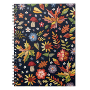 Caderno Espiral Padrão sem costura de bordados com lindas flores