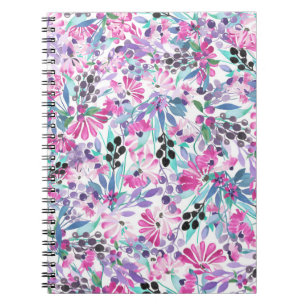 Caderno Espiral Padrão sem costura de flores e bagas roxas,blu