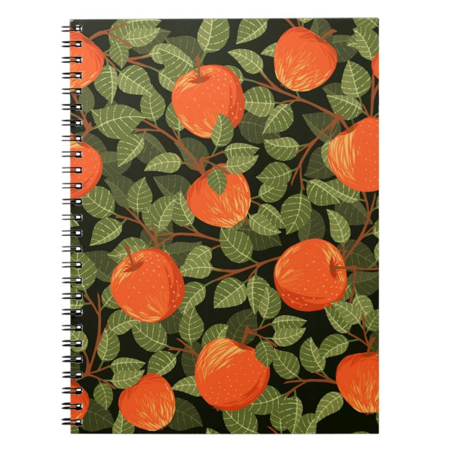 Caderno Espiral Padrão sem costura de maçãs com folhas verdes plan (Frente)