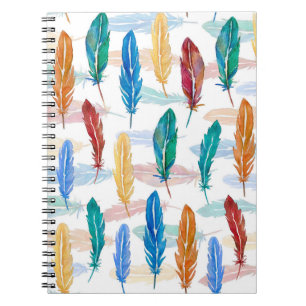 Caderno Espiral Padrão sem costura de penas brilhantes pintadas e