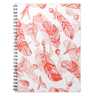 Caderno Espiral Padrão sem costura de penas vermelhas