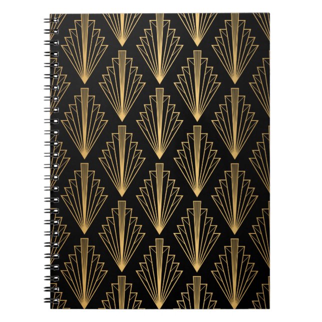 Caderno Espiral Padrão sem costura preto e fundo dourado (Frente)