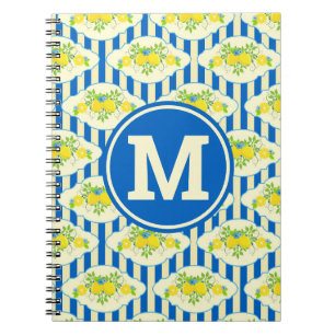 Caderno Espiral Padrão Summery Blue Stripes & Lemons and Leaves