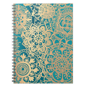 Caderno Espiral Padrão Teal Green e Floral Dourado de Mandala