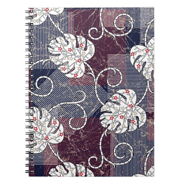 Caderno Espiral padrão tradicional de listras e folhas (Frente)