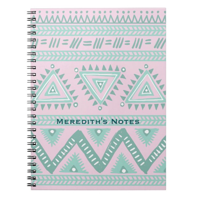 Caderno Espiral Padrão Tribal Aqua-Teal Personalizado a Rosa (Frente)