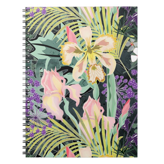 Caderno Espiral Padrão tropical com orquídeas. (Frente)